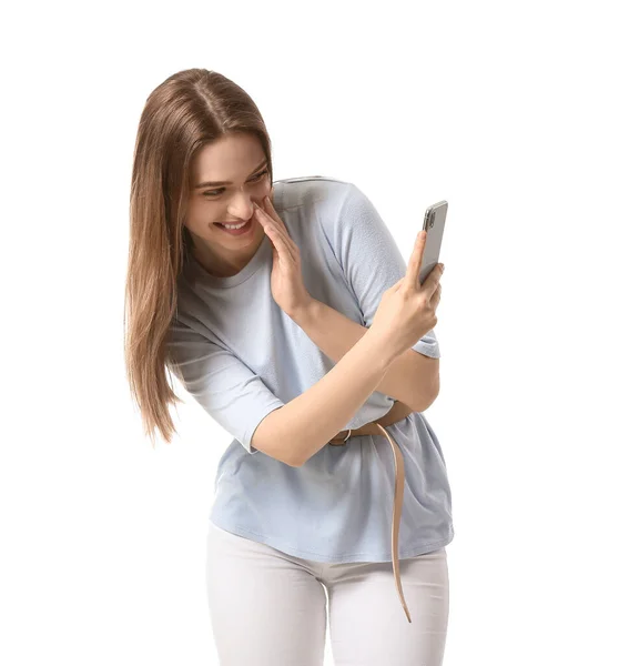 Junge Frau Mit Handy Auf Weißem Hintergrund — Stockfoto