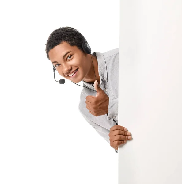 African American Technical Support Agent Blank Poster White Background — Stock Photo, Image