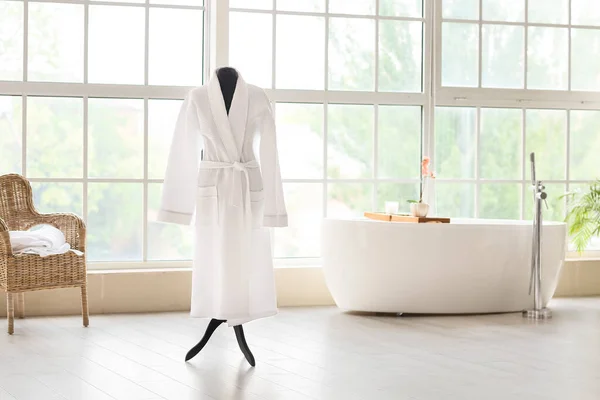 White Bathrobe Stylish Bathtub Armchair Light Bathroom — Stock Photo, Image