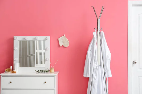 Rack White Bathrobes Chest Drawers Mirror Pink Wall — Stock Photo, Image