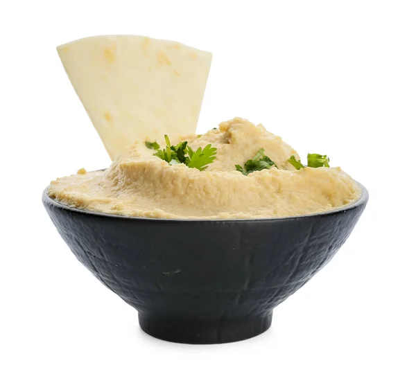 Schaal Met Heerlijke Hummus Pita Witte Achtergrond — Stockfoto
