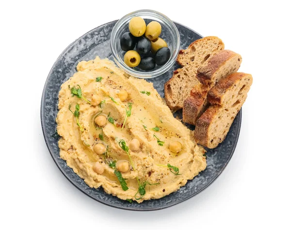 Plate Delicious Hummus Bread Olives White Background — Stock Photo, Image