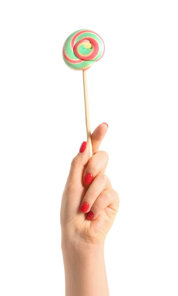 Woman Holding Sweet Lollipop White Background — Stock Photo, Image