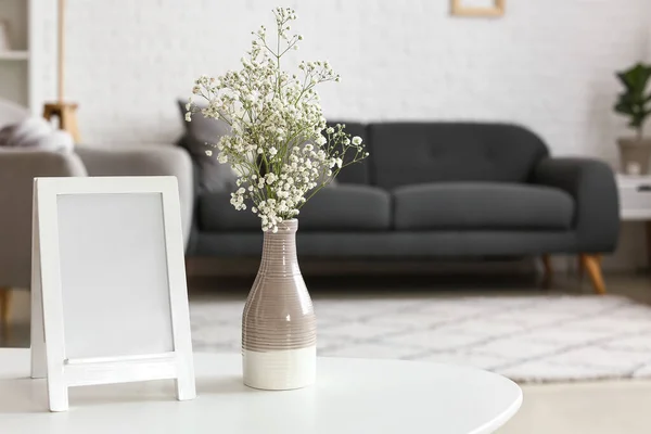 Vase Gypsophila Flowers Blank Frame Table Living Room — Stock Photo, Image