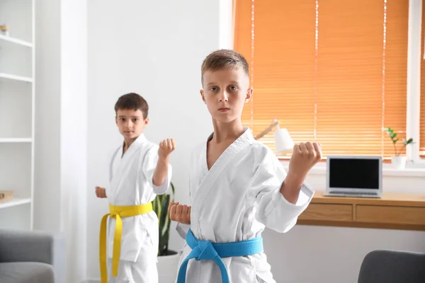 Little Boys Practicing Karate Home — Stock Photo, Image