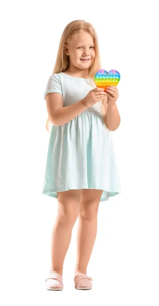 Meisje Met Hartvormige Pop Fidget Speelgoed Witte Achtergrond — Stockfoto