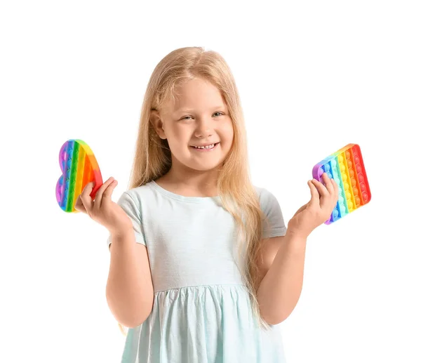 Retrato Menina Bonita Com Pop Diferente Brinquedos Fidget Fundo Branco — Fotografia de Stock