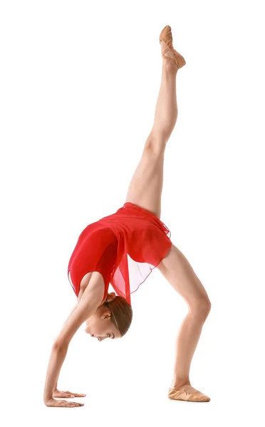 Belle Jeune Femme Faisant Gymnastique Sur Fond Blanc — Photo