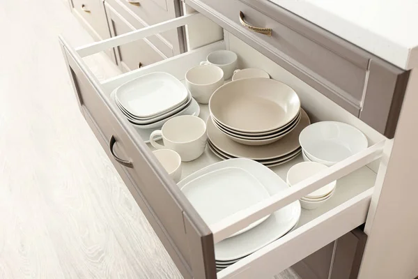 Clean Dishes Open Kitchen Drawer Closeup — Stock Photo, Image