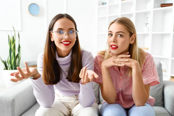 Beautiful Young Women Video Chatting Home — Stock Photo, Image