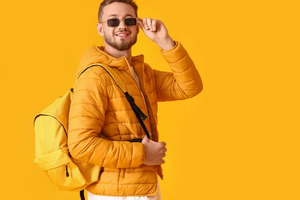 Stylish Young Man Sunglasses Yellow Background — Stock Photo, Image