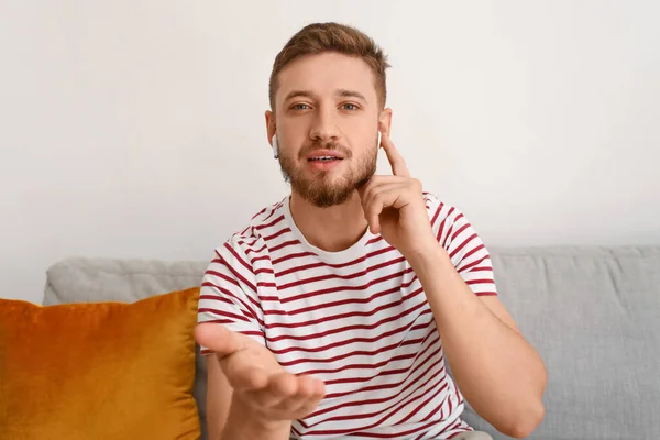 Handsome Young Man Earphones Video Chatting Home — Stock Photo, Image