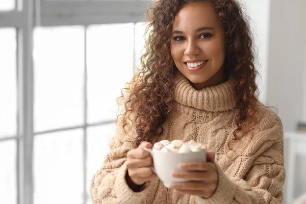 Young African American Woman Cup Hot Cocoa Bedroom Christmas Eve — Stock Photo, Image