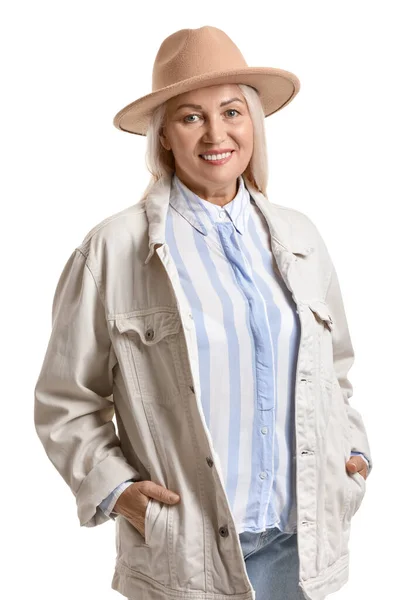 Fashionable Mature Woman Felt Hat White Background — Stock Photo, Image