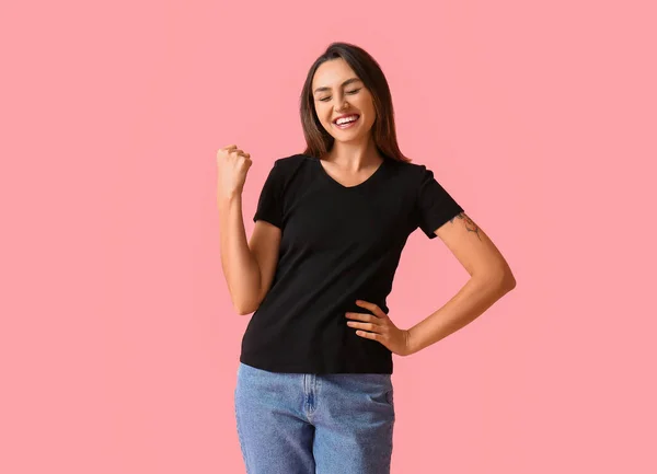 Happy Young Woman Blank Shirt Color Background — Stock Photo, Image