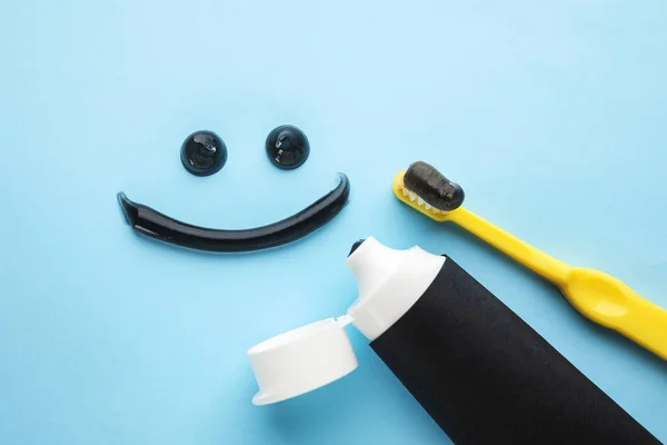 Smile Made Black Tooth Paste Brush Tube Blue Background — Stock Photo, Image