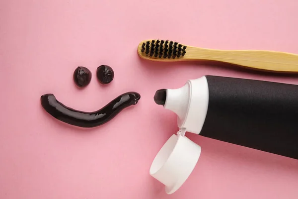 Smile Made Black Tooth Paste Brush Tube Pink Background — Stock Photo, Image