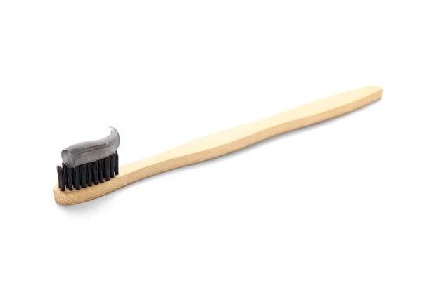 Bamboo Brush Black Tooth Paste White Background — Stock Photo, Image