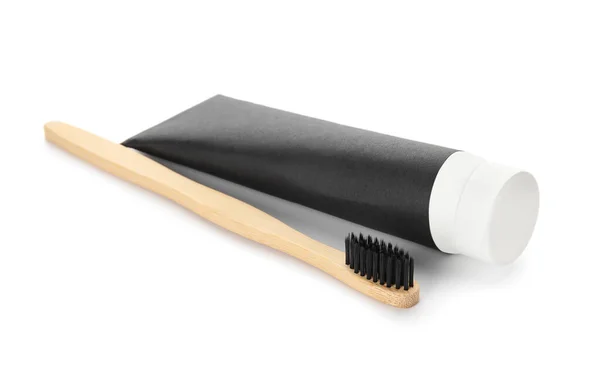 Tube Black Tooth Paste Brush White Background — Stock Photo, Image