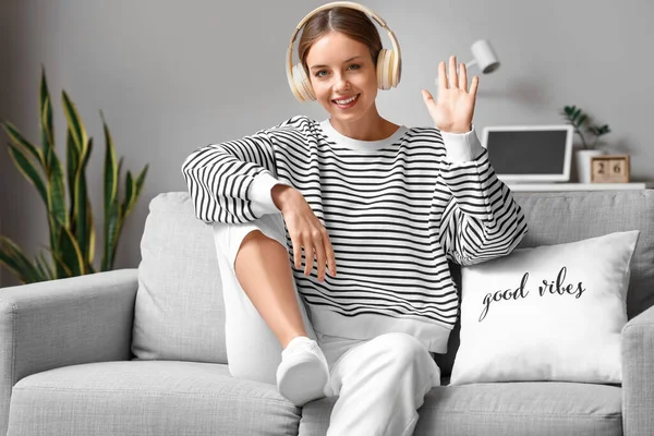 Pretty Young Woman Headphones Video Chatting Home — Stock Photo, Image