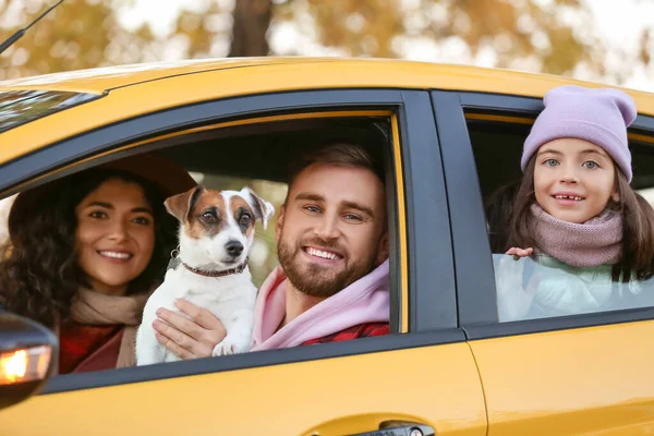 小さな娘とかわいい犬が黄色の車の中で座っている両親 — ストック写真