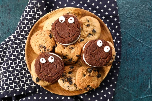 Plate Tasty Cookies Halloween Dark Background — Stock Photo, Image