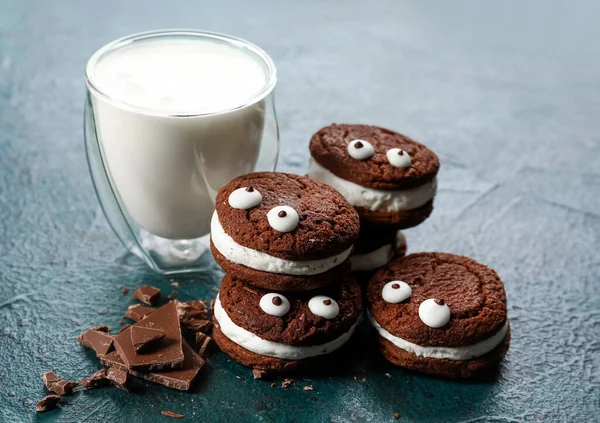Funny Chocolate Cookies Milk Dark Background — Stock Photo, Image