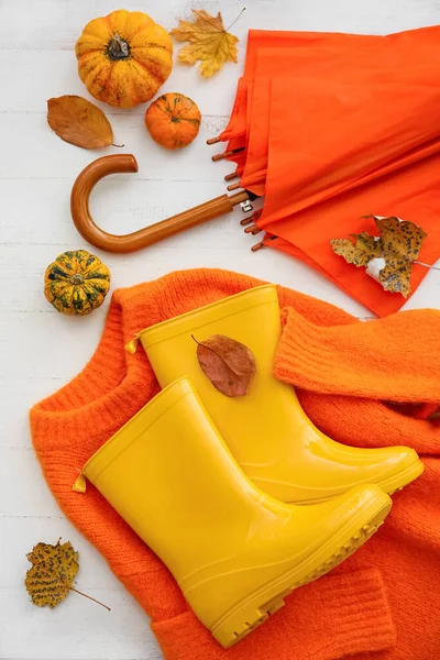 Umbrella Rubber Boots Sweater Pumpkins Light Wooden Background Closeup — Stock Photo, Image