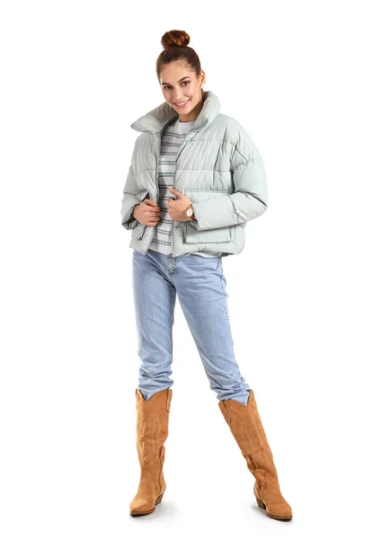 Stylish Young Woman Winter Clothes White Background — Stock Photo, Image