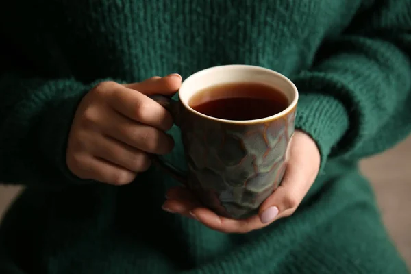 Woman Drinking Tasty Tea Closeup — Stock Photo, Image