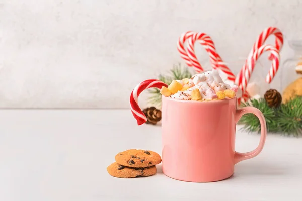 Cup Tasty Cacao Marshmallows Candy Cane Table — Stock Photo, Image