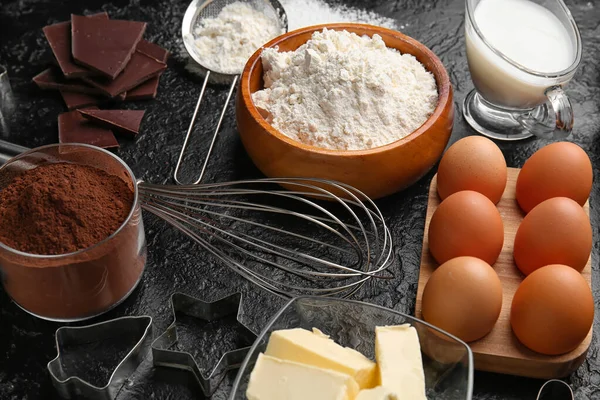 Fresh Ingredients Preparing Chocolate Dough Black Background — Stock Photo, Image