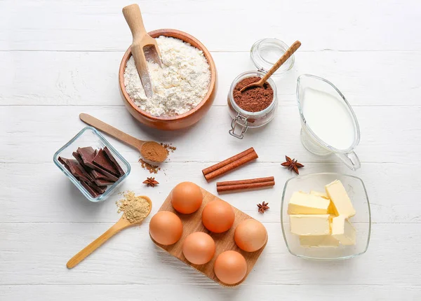 Fresh Ingredients Preparing Chocolate Dough White Wooden Background — Stock Photo, Image
