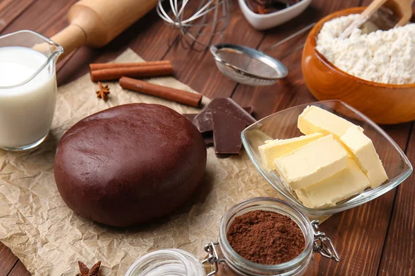 Chocolate Dough Ingredients Wooden Background — Stock Photo, Image