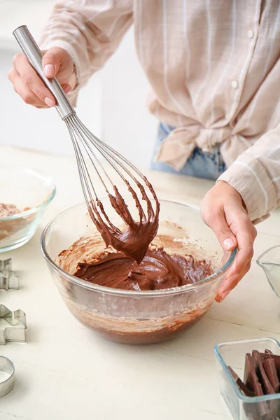 Woman Preparing Chocolate Dough Kitchen Table Closeup — Stock Photo, Image