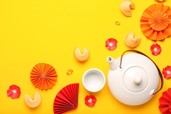 Teapot Chinese Symbols Color Background — Stock Photo, Image
