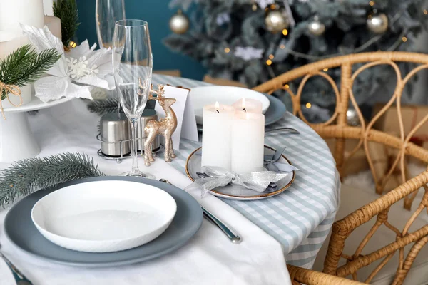 Table Manger Avec Réglage Pour Célébration Noël Intérieur — Photo