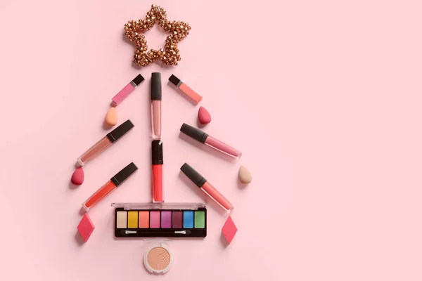 Christmas Tree Made Decorative Cosmetics Pink Background — Stock Photo, Image