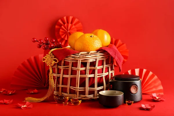 Tasty Tangerines Traditional Chinese Tea Color Background — Stock Photo, Image