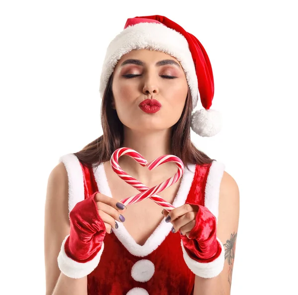 Sexy Junge Frau Weihnachtsmannkostüm Und Mit Zuckerstangen Auf Weißem Hintergrund — Stockfoto