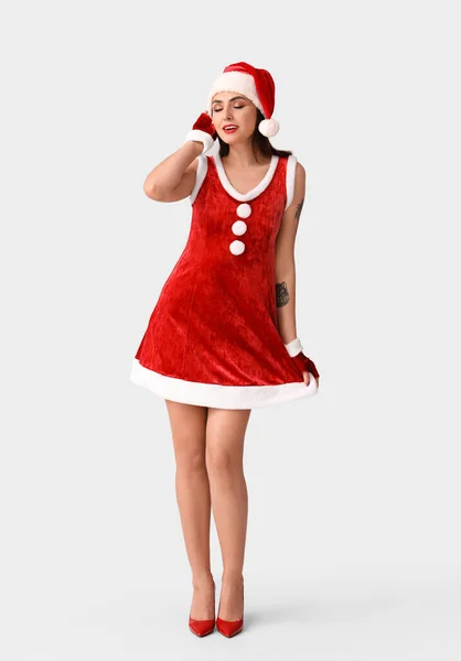 Sexy Young Woman Santa Costume Light Background — Stock Photo, Image