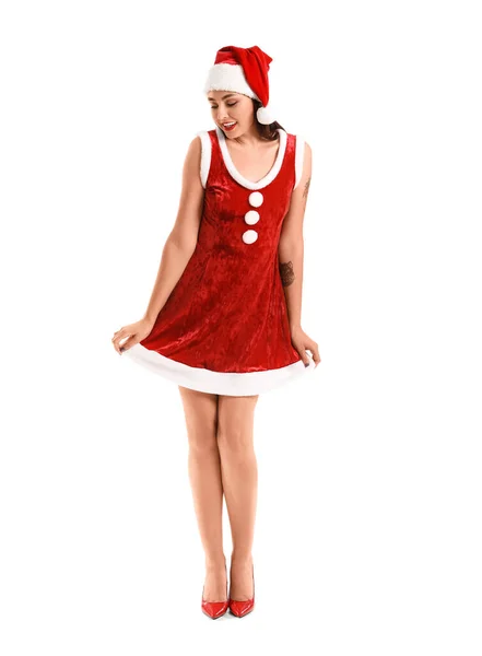 Sexy Giovane Donna Costume Babbo Natale Sfondo Bianco — Foto Stock