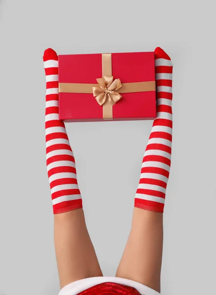 Sexy Young Woman Christmas Stockings Gift Light Background — Stock Photo, Image