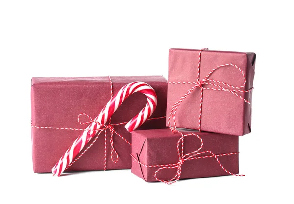 Hermosas Cajas Regalo Navidad Bastón Caramelo Aislado Sobre Fondo Blanco —  Fotos de Stock