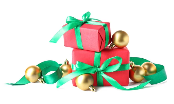 Beautiful Christmas Gift Boxes Balls Isolated White Background — Stock Photo, Image
