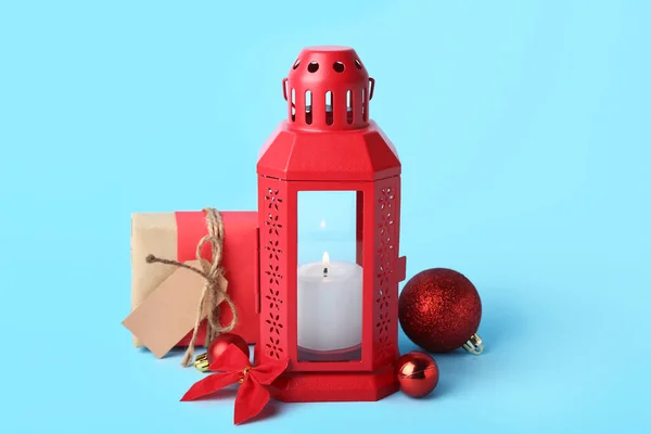 Christmas Lantern Burning Candle Gift Balls Blue Background — Stock Photo, Image