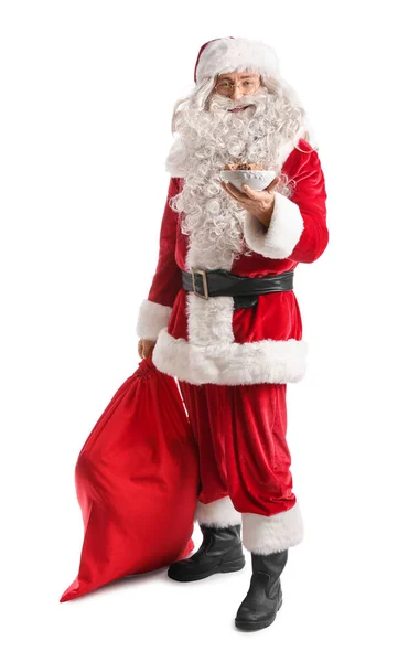 Weihnachtsmann Mit Leckeren Plätzchen Und Tüte Auf Weißem Hintergrund — Stockfoto