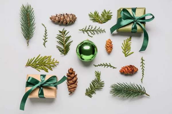 Composition Coniferous Branches Cones Gifts Christmas Ball White Background — Stock Photo, Image