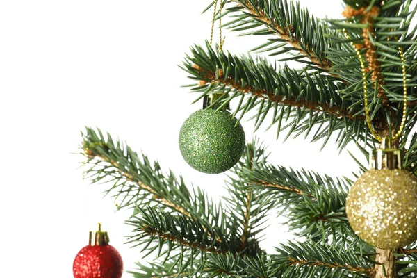 Albero Natale Con Belle Palle Isolate Sfondo Bianco Primo Piano — Foto Stock