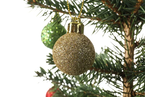 Árbol Navidad Con Hermosas Bolas Aisladas Sobre Fondo Blanco Primer —  Fotos de Stock